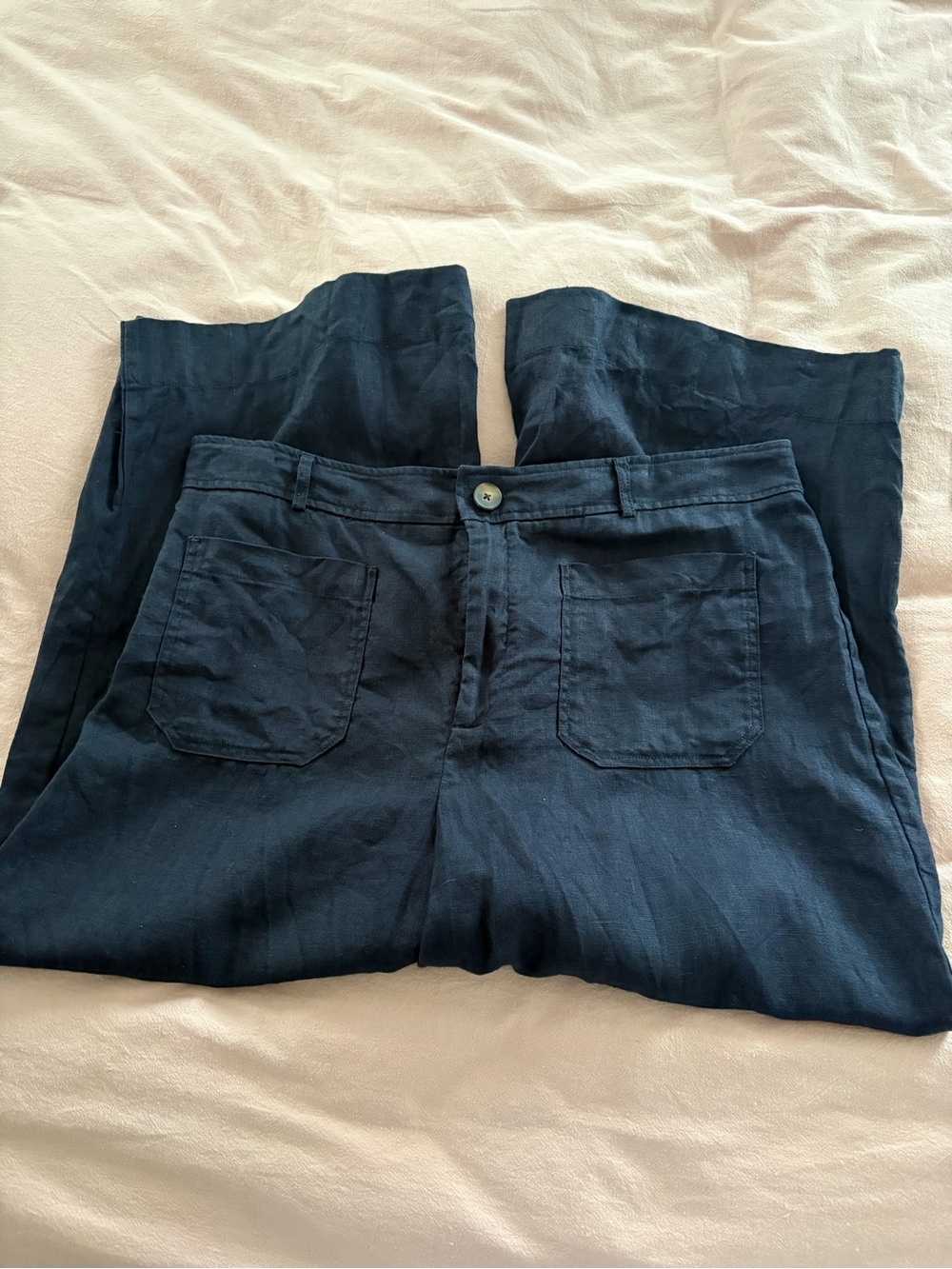 Navy Casual Linen-Blend Cropped Pant